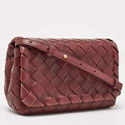 Pre Owned Bottega Veneta Burgundy Intrecciato Leather Flap Crossbody Bag