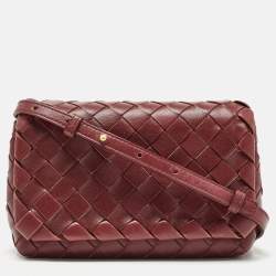 Pre Owned Bottega Veneta Burgundy Intrecciato Leather Flap Crossbody Bag