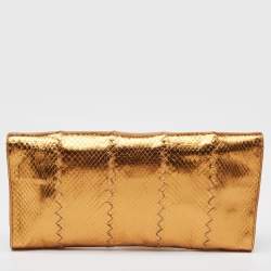 Pre Owned Bottega Veneta Gold Intrecciato Leather Frame Wristlet Clutch