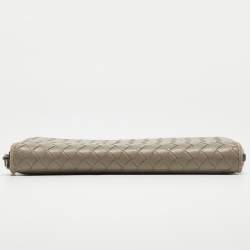 Pre Owned Bottega Veneta Grey Intrecciato Leather Zip Around Wallet