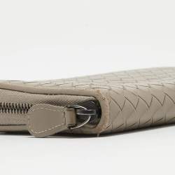 Pre Owned Bottega Veneta Grey Intrecciato Leather Zip Around Wallet