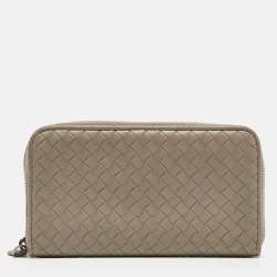 Pre Owned Bottega Veneta Grey Intrecciato Leather Zip Around Wallet