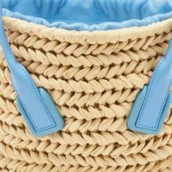 Pre Owned Bottega Veneta Light Blue/Beige Raffia and Leather Small Arco Basket Bag