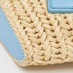 Pre Owned Bottega Veneta Light Blue/Beige Raffia and Leather Small Arco Basket Bag