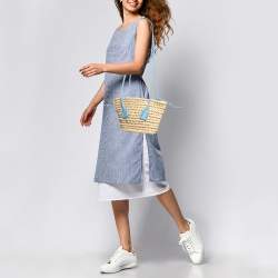 Pre Owned Bottega Veneta Light Blue/Beige Raffia and Leather Small Arco Basket Bag