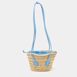 Pre Owned Bottega Veneta Light Blue/Beige Raffia and Leather Small Arco Basket Bag