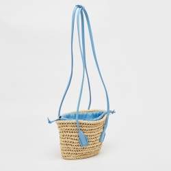 Pre Owned Bottega Veneta Light Blue/Beige Raffia and Leather Small Arco Basket Bag