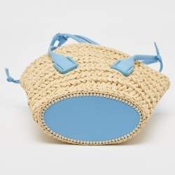 Pre Owned Bottega Veneta Light Blue/Beige Raffia and Leather Small Arco Basket Bag
