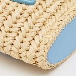 Pre Owned Bottega Veneta Light Blue/Beige Raffia and Leather Small Arco Basket Bag