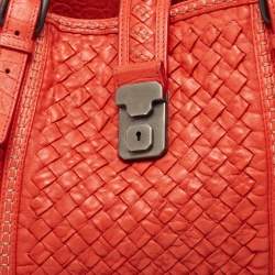 Pre Owned Bottega Veneta Red Intrecciato Leather Large Roma Stitch Tote
