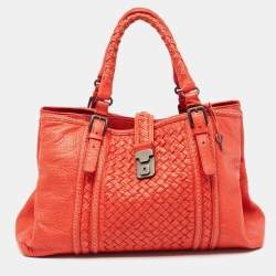 Pre Owned Bottega Veneta Red Intrecciato Leather Large Roma Stitch Tote