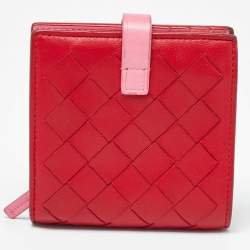 Bottega Veneta Red/Pink Intrecciato Leather French Compact Wallet