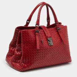 Pre Owned Bottega Veneta Red Intrecciato Leather Medium Roma Tote
