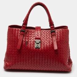Pre Owned Bottega Veneta Red Intrecciato Leather Medium Roma Tote