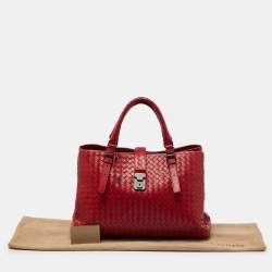 Pre Owned Bottega Veneta Red Intrecciato Leather Medium Roma Tote