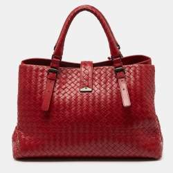 Pre Owned Bottega Veneta Red Intrecciato Leather Medium Roma Tote