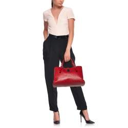 Pre Owned Bottega Veneta Red Intrecciato Leather Medium Roma Tote