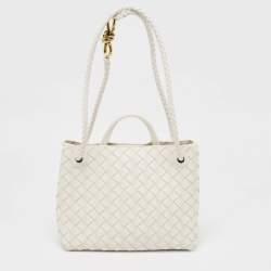Pre Owned Bottega Veneta White Intrecciato Leather Small Andiamo Tote