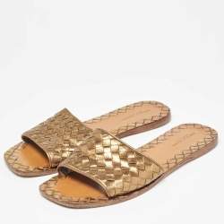 Pre Owned Bottega Veneta Metallic Intrecciato Leather Flat Slides Size 38