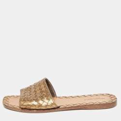 Pre Owned Bottega Veneta Metallic Intrecciato Leather Flat Slides Size 38