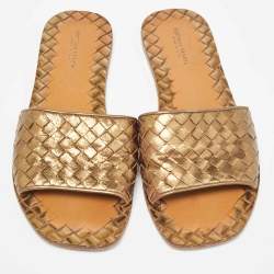 Pre Owned Bottega Veneta Metallic Intrecciato Leather Flat Slides Size 38