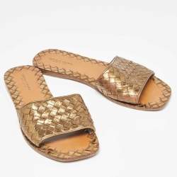 Pre Owned Bottega Veneta Metallic Intrecciato Leather Flat Slides Size 38