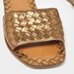 Pre Owned Bottega Veneta Metallic Intrecciato Leather Flat Slides Size 38