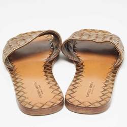 Pre Owned Bottega Veneta Metallic Intrecciato Leather Flat Slides Size 38