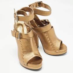 Pre Owned Bottega Veneta Metallic Leather Buckle Detail Platform Ankle Strap Sandals Size 38