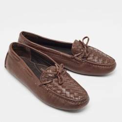 Bottega Veneta Brown  Intrecciato Leather Bow Loafers Size 40.5