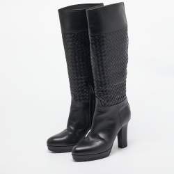 Pre Owned Bottega Veneta Black Woven Leather Knee Length Boots Size 39.5