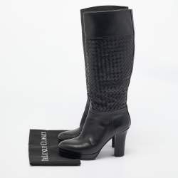 Pre Owned Bottega Veneta Black Woven Leather Knee Length Boots Size 39.5
