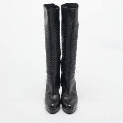 Pre Owned Bottega Veneta Black Woven Leather Knee Length Boots Size 39.5