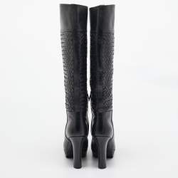 Pre Owned Bottega Veneta Black Woven Leather Knee Length Boots Size 39.5