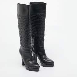 Pre Owned Bottega Veneta Black Woven Leather Knee Length Boots Size 39.5