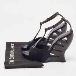 Bottega Veneta Navy Blue/Brown Satin and Textured Leather Ankle Strap Wedge Sandals Size 38
