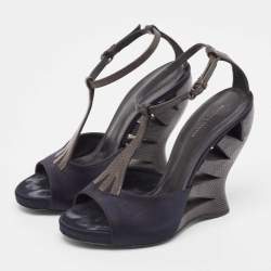 Bottega Veneta Navy Blue/Brown Satin and Textured Leather Ankle Strap Wedge Sandals Size 38
