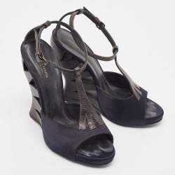 Bottega Veneta Navy Blue/Brown Satin and Textured Leather Ankle Strap Wedge Sandals Size 38