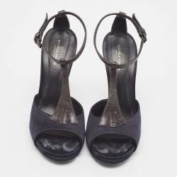 Bottega Veneta Navy Blue/Brown Satin and Textured Leather Ankle Strap Wedge Sandals Size 38