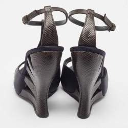 Bottega Veneta Navy Blue/Brown Satin and Textured Leather Ankle Strap Wedge Sandals Size 38