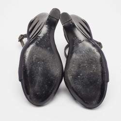 Bottega Veneta Navy Blue/Brown Satin and Textured Leather Ankle Strap Wedge Sandals Size 38