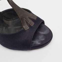 Bottega Veneta Navy Blue/Brown Satin and Textured Leather Ankle Strap Wedge Sandals Size 38