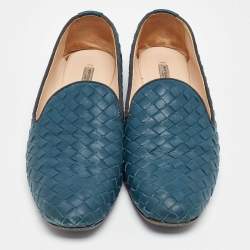 Pre Owned Bottega Veneta Turquoise Blue Intrecciato Leather Smoking Slippers Size 36