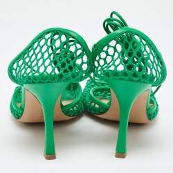 Pre Owned Bottega Veneta Green Crochet and Leather Ankle Tie Pumps Size 38