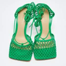 Pre Owned Bottega Veneta Green Crochet and Leather Ankle Tie Pumps Size 38