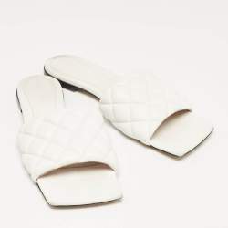 Pre Owned Bottega Veneta White Padded Leather Flat Slides Size 40