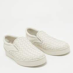 Pre Owned Bottega Veneta White Woven Leather Dodger Slip On Sneakers Size 38.5