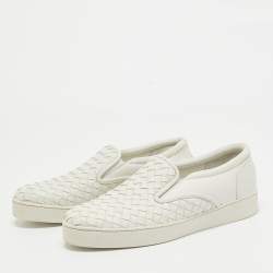 Pre Owned Bottega Veneta White Woven Leather Dodger Slip On Sneakers Size 38.5