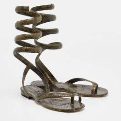 Bottega Veneta Green Python Embossed Leather Ankle Strap Sandals 37