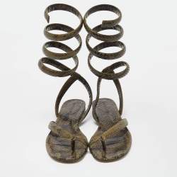 Bottega Veneta Green Python Embossed Leather Ankle Strap Sandals 37